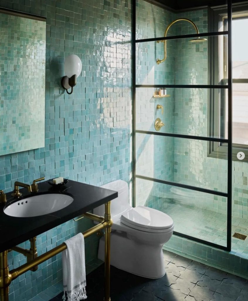blue zellige bathroom tiles