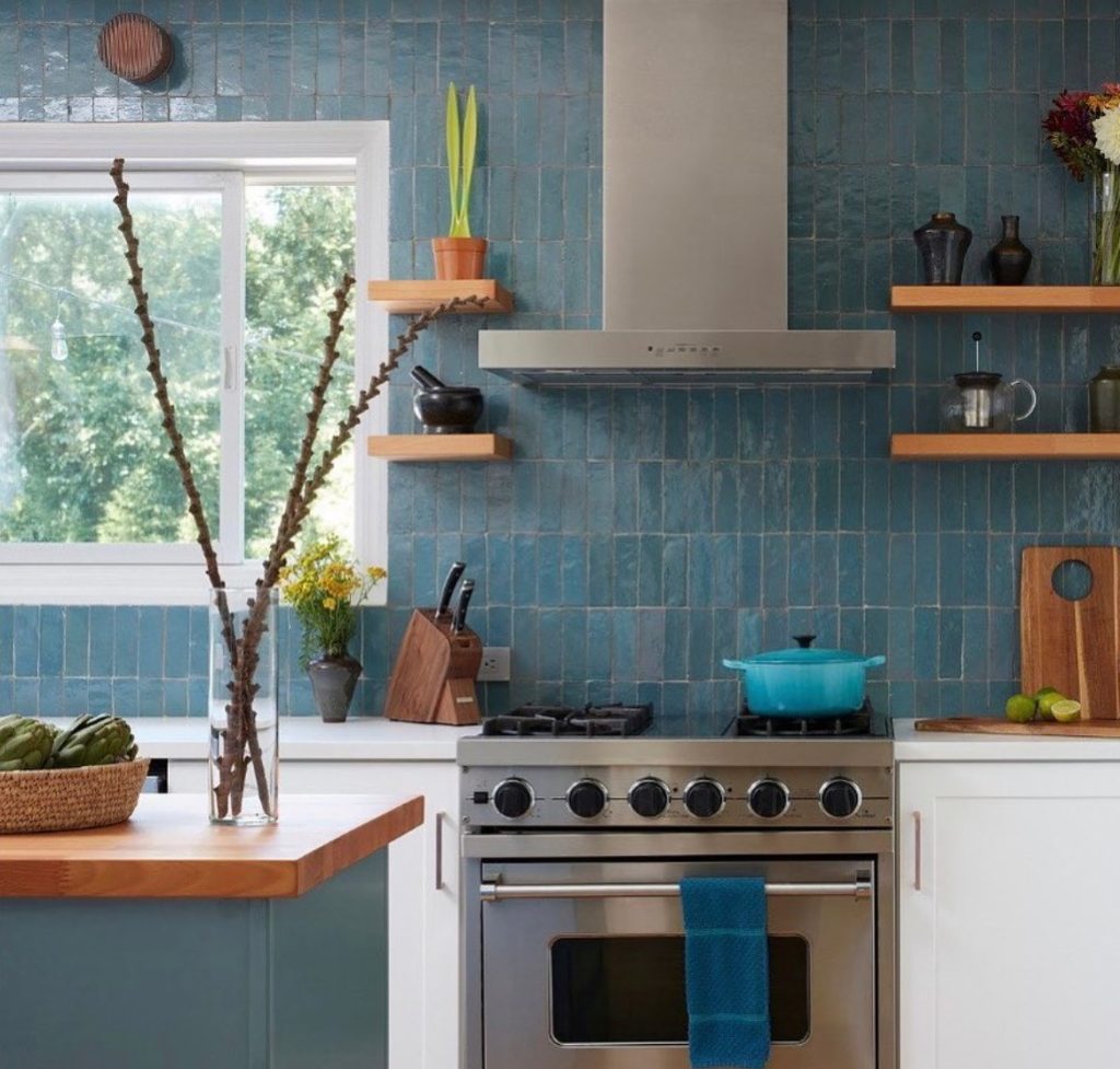 blue zellige on a kitchen wall